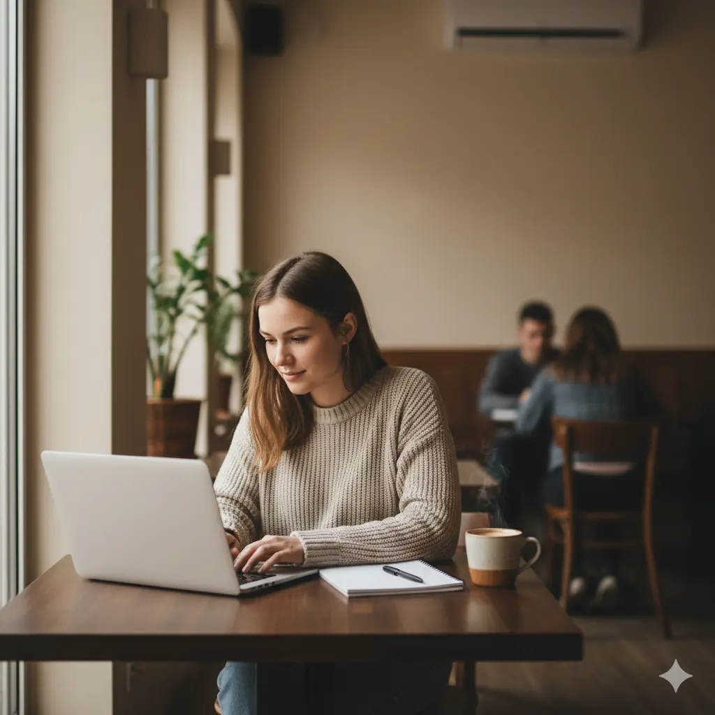 Student working on a laptop in a cafe